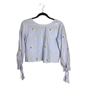Rebellion Again lemon print crop top with Tie Wrist Sleeves Blue Sz.Medium